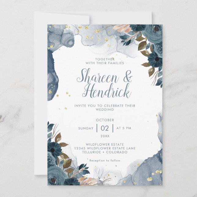 Navy Alcohol Ink Floral Background wedding  Invitation (Front)