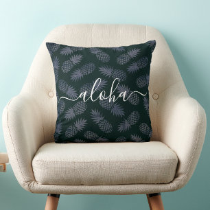 Navy Aloha Script Pineapple Pattern Tropical Bold Cushion