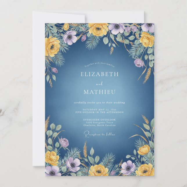 Navy Amethyst Wildflower Wedding Invitation (Front)
