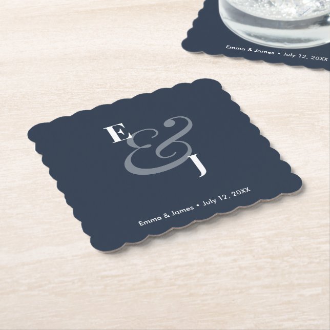 Navy Ampersand Wedding | Reverse Cocktail Paper Coaster (Angled)