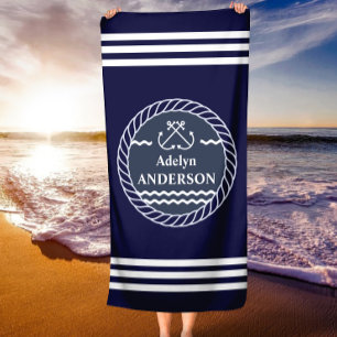 Navy Anchor and Rope Personalised Beach Towel