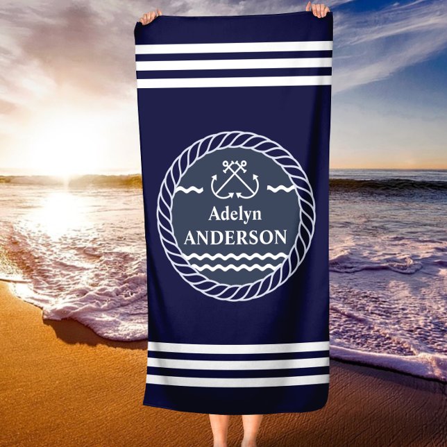 Navy Anchor and Rope Personalised Beach Towel (Navy Anchor and Rope Personalized Beach Towel)
