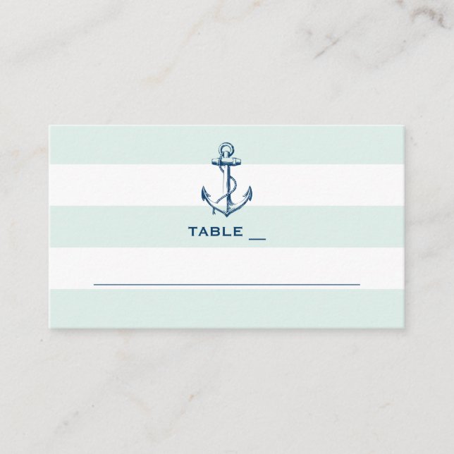 Navy Anchor & Mint Stripes Nautical Wedding Simple Place Card (Front)