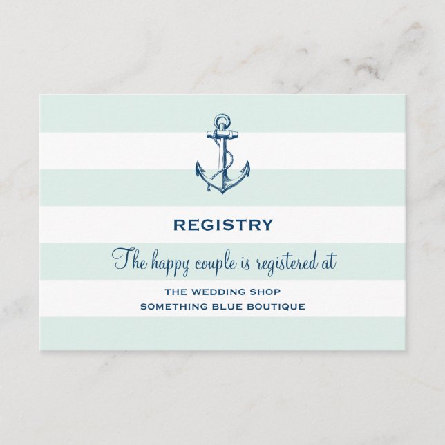 Navy Anchor & Mint Stripes Simple Wedding Registry Enclosure Card (Front)