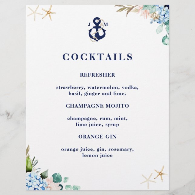 Navy Anchor Monogram Beach Wedding Cocktail Menu (Front)