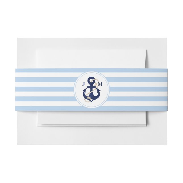 Navy Anchor Monogram Blue Sripes Nautical Wedding Invitation Belly Band (Front Example)
