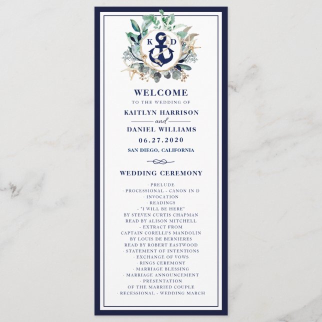 Navy Anchor Monogram Greenery Wreath Wedding Programme (Front)