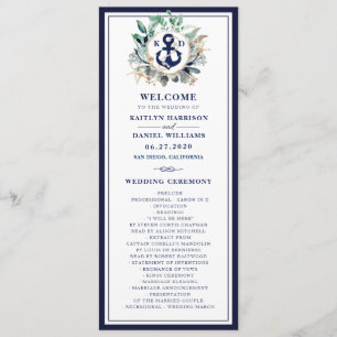 Navy Anchor Monogram Greenery Wreath Wedding Programme