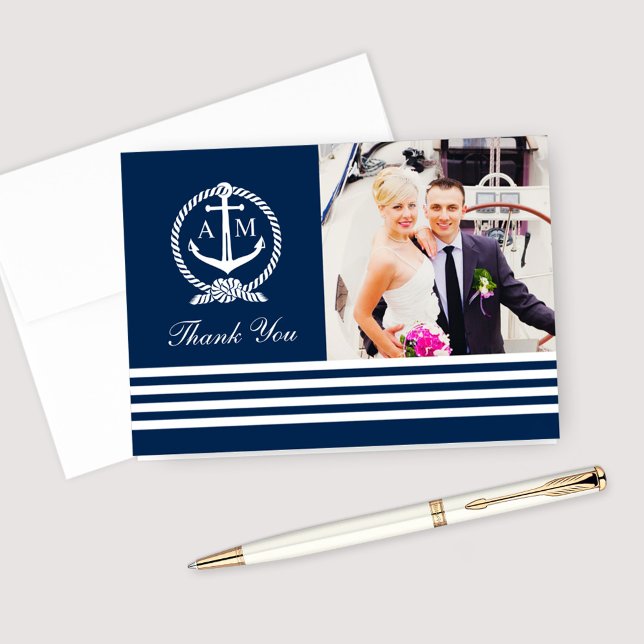 Navy Anchor Monogram Nautical Photo Wedding Thank You Card (Creator Uploaded)