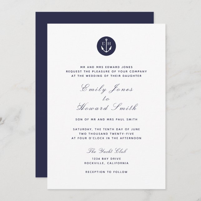 Navy Anchor Monogram Wedding Invitations (Front/Back)