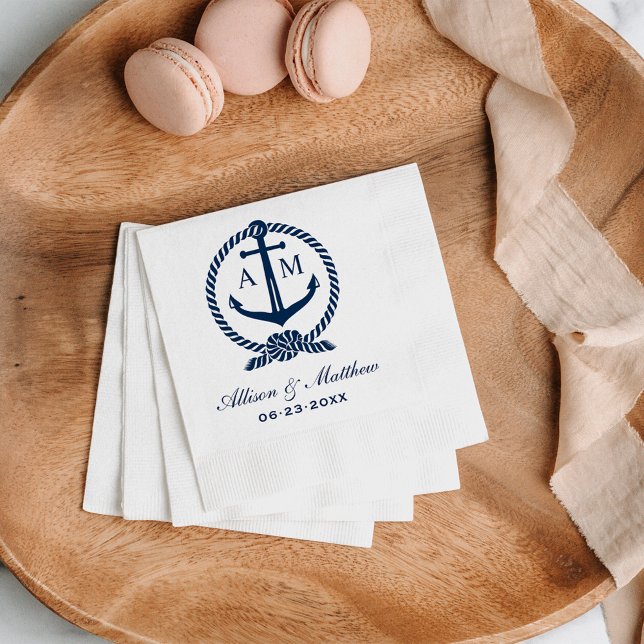 Navy Anchor Monogram White Wedding Napkin (Creator Uploaded)