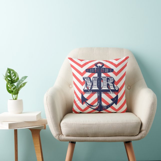 Navy Anchor Mr Groom Zig Zag Pattern Bride Pillo Cushion (Chair)