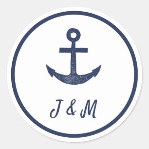 Navy Anchor Nautical Theme Monogram Wedding Classic Round Sticker