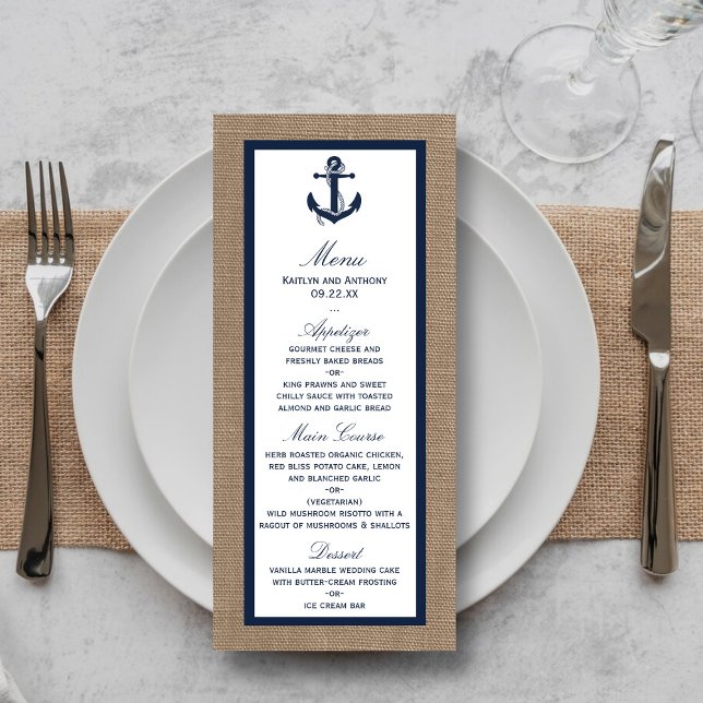 Navy Anchor On Burlap Beach Wedding Menu (Creator Uploaded)