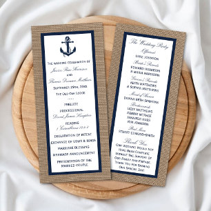 Navy Anchor On Burlap Beach Wedding Program Rack Card