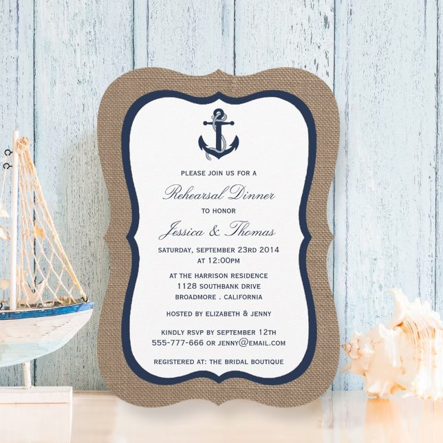Navy Anchor On Burlap Nautical Rehearsal Dinner Invitation (Creator Uploaded)