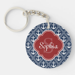 Navy Anchor Pattern Red Monogram Key Ring