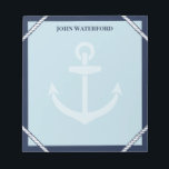 Navy Anchor & Rope Nautical Add Your Name Notepad<br><div class="desc">Nautical notepad in shades of blue with navy blue border, white rope details, a pale anchor, and your name. Jot down notes and things to remember in this anchor themed notepad with nautical colours and personalised with your name. A notepad for the captain in your life with rope, an anchor...</div>