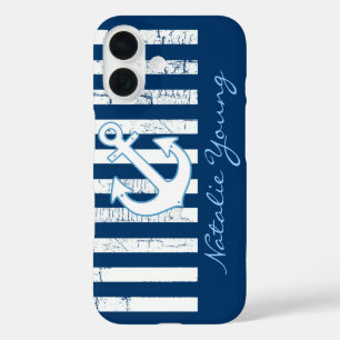 navy anchor & stripes personalised iPhone 16 case