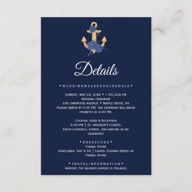 Navy Anchor Wedding Details Card (Front)