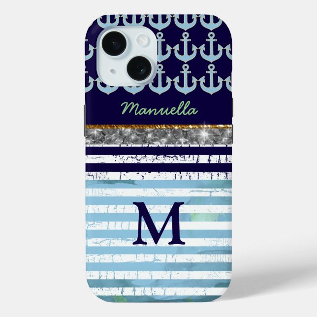 Navy Anchors and Stripes Personalized  Case-Mate iPhone Case (Back)