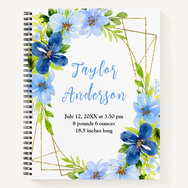 Navy and Baby Blue Floral Baby Birth Stats Notebook (Front)