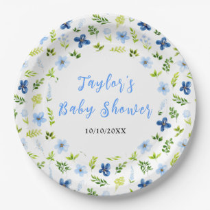 Navy and Baby Blue Floral Baby Shower Paper Plate