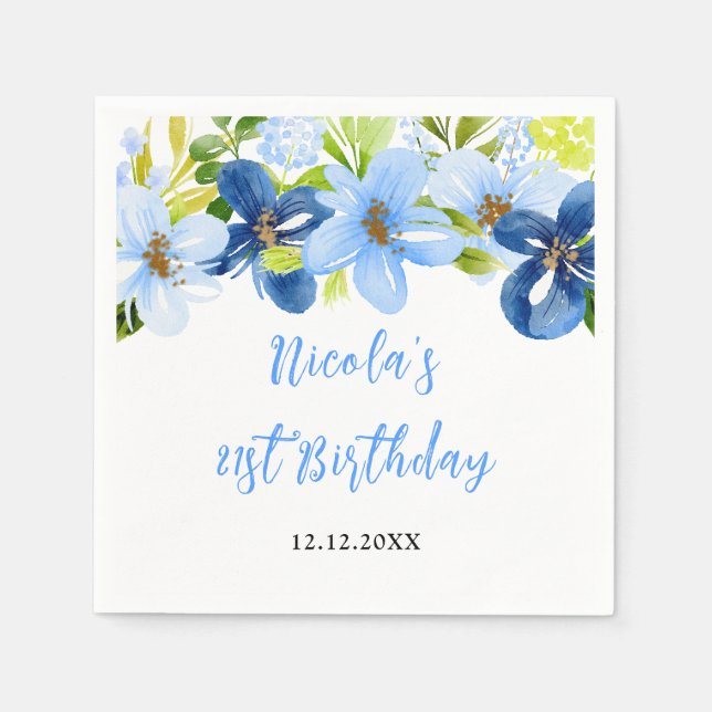 Navy and Baby Blue Floral Birthday Napkin (Front)