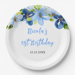 Navy and Baby Blue Floral Birthday Paper Plate