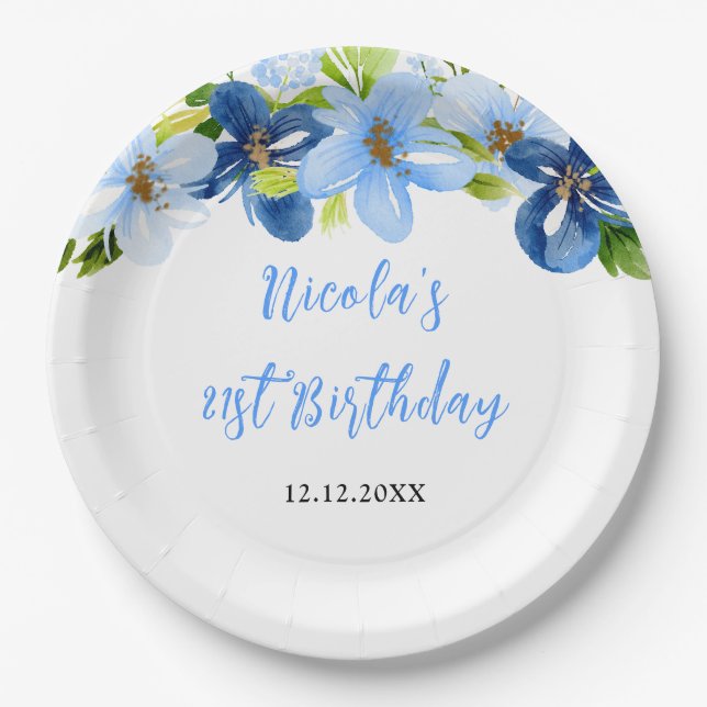 Navy and Baby Blue Floral Birthday Paper Plate (Front)