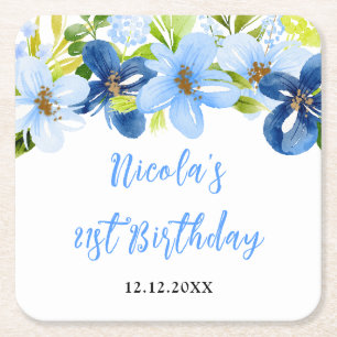 Navy and Baby Blue Floral Birthday Square Paper Coaster