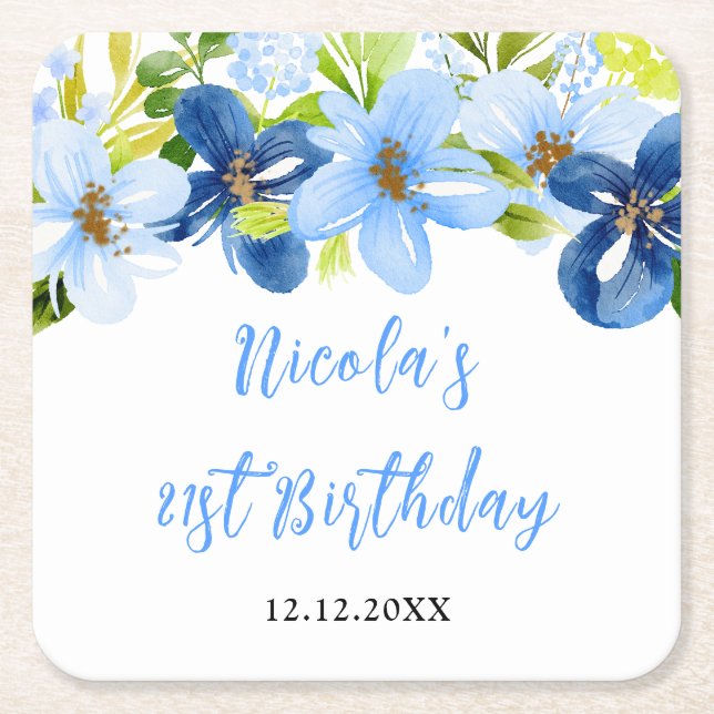 Navy and Baby Blue Floral Birthday Square Paper Coaster (Front)