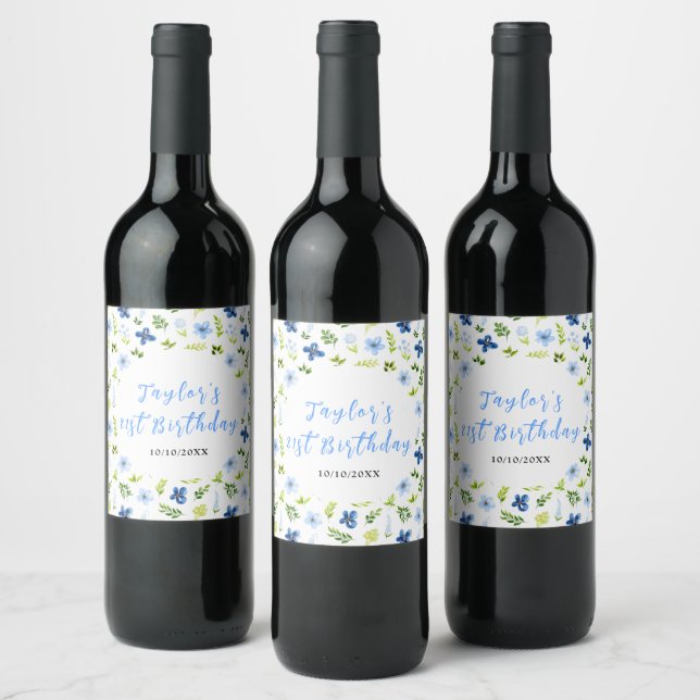 Navy and Baby Blue Floral Birthday Wine Label (Bottles)