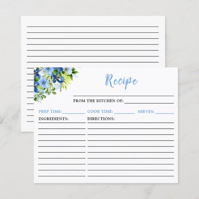 Navy and Baby Blue Floral Recipe Card (Front/Back)
