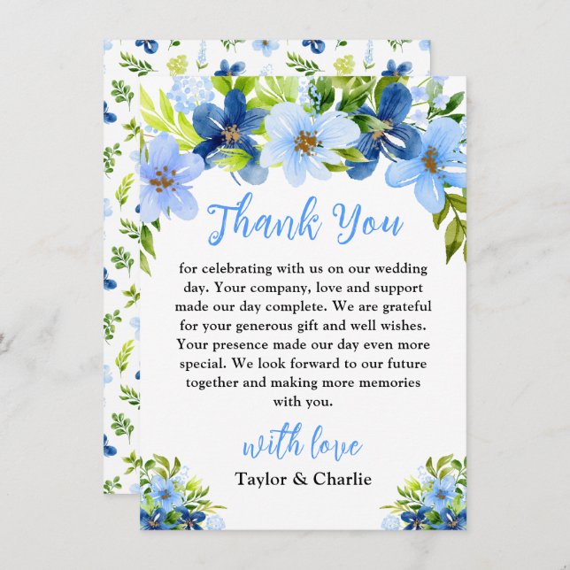 Navy and Baby Blue Floral Wedding Thank You Card (Front/Back)