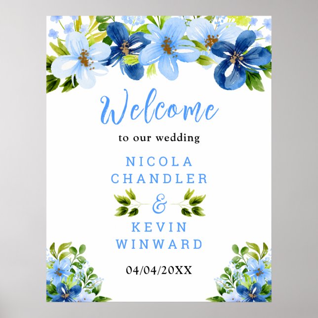 Navy and Baby Blue Floral Wedding Welcome Sign (Front)