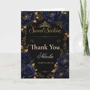 Navy and Black Sweet Sixteen Thank You Card