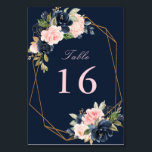 navy and blossom pink watercolor geometric wedding table number<br><div class="desc">a lovely geometric floral frame with watercolor blossom pink and navy blue flowers. The text and colours on this card can be personalised.</div>