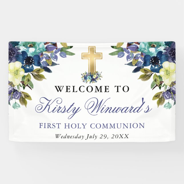 Navy and Blue Flowers 1st Holy Communion Banner (Horizontal)