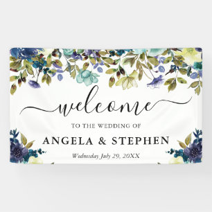 Navy and Blue Flowers Wedding Welcome Banner