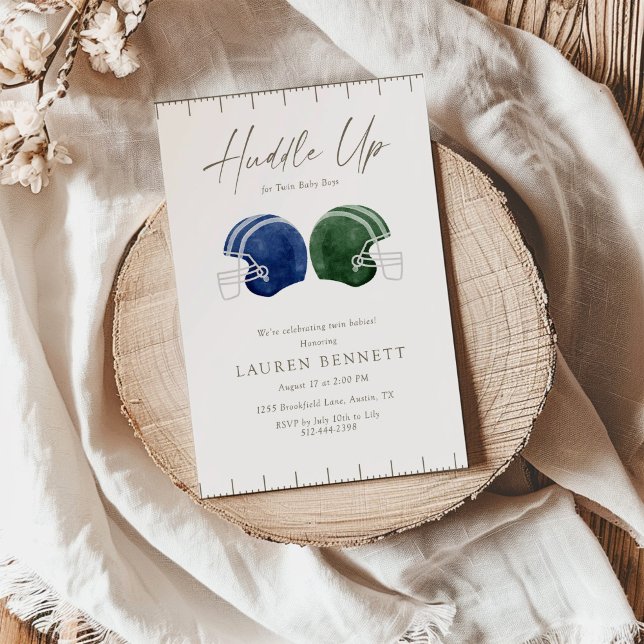 Navy And Blue Huddle Up Twin Boys Baby Shower Invitation (Creator Uploaded)