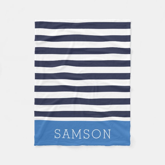 Navy and Blue Stripes Monogram | Editable Colours Fleece Blanket (Front)