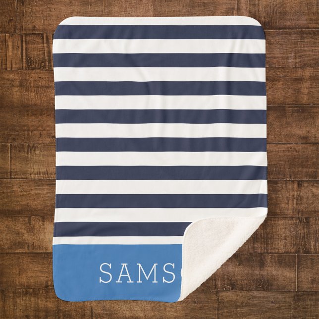 Navy and Blue Stripes Monogram | Editable Colours Sherpa Blanket (Creator Uploaded)