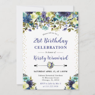 Navy and Blue Summer Flowers 21st Birthday Invitation