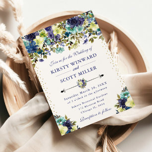 Navy and Blue Summer Flowers Wedding Invitation