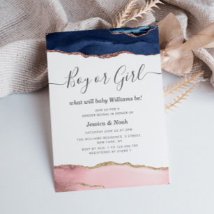 navy and blush agate baby gender reveal invitation