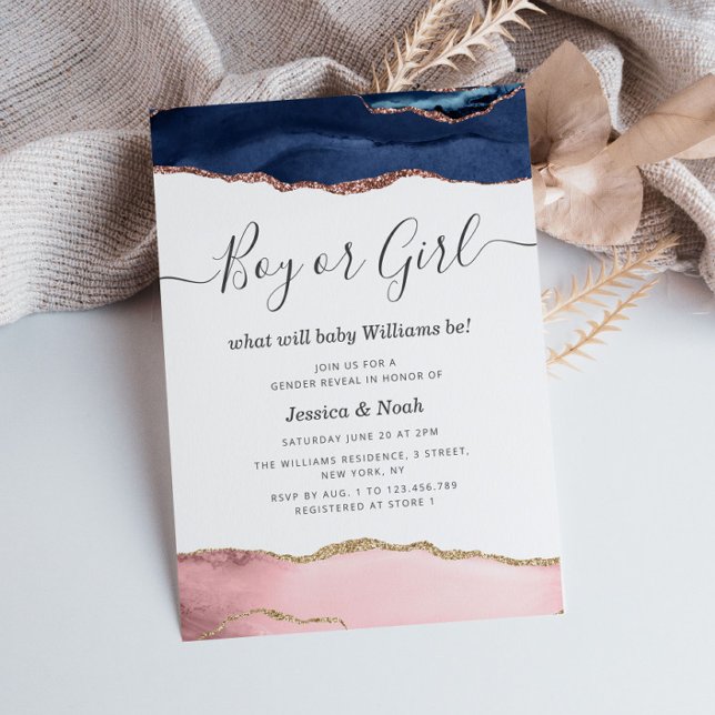 navy and blush agate baby gender reveal invitation (Creator Uploaded)