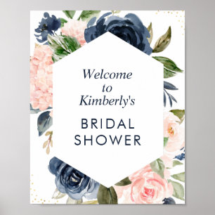 navy and blush bridal shower welcome sign