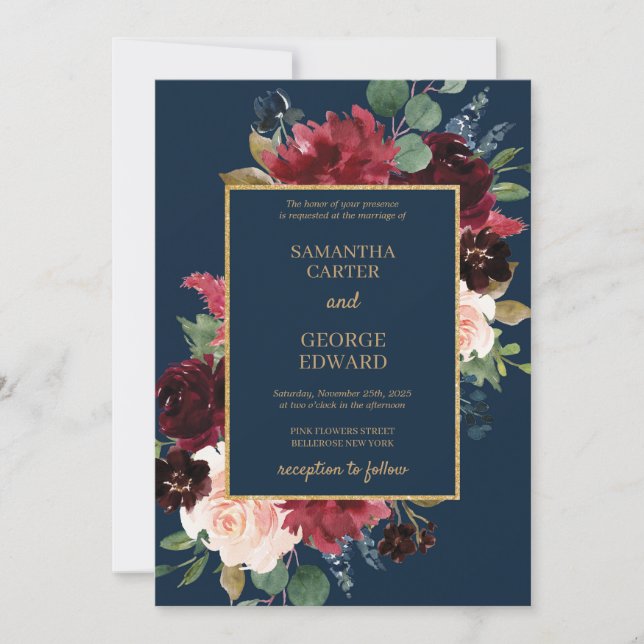 Navy and blush burgundy floral boho gold wedding invitation (Front)