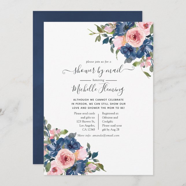 Navy and Blush Floral Baby Shower by Mail Invitation (Front/Back)